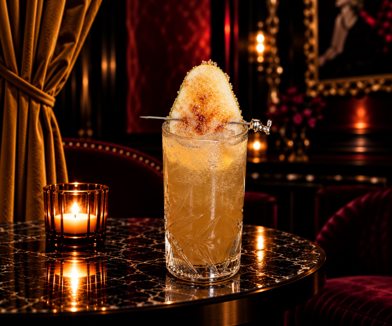 A Bad Rabbit cocktail, shot dark and close on marble.